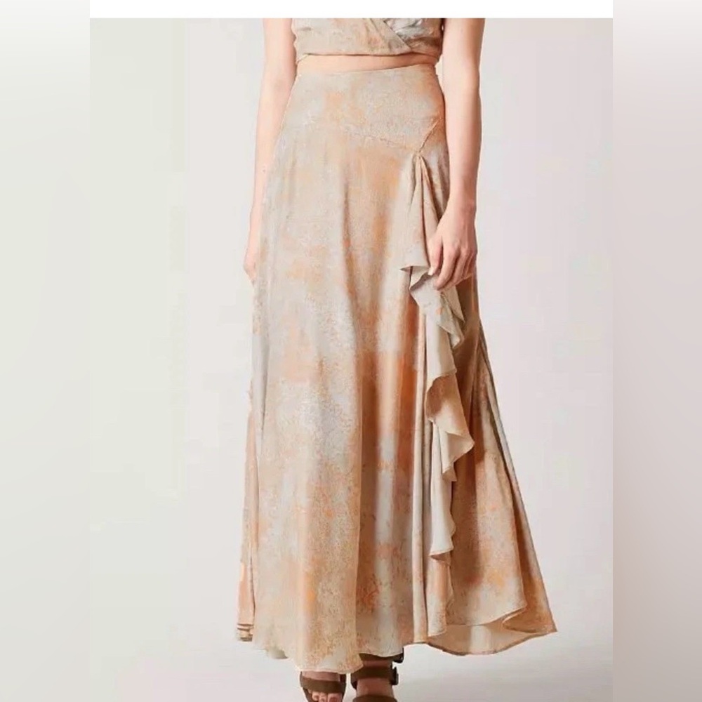 Free People Gardenia Print Maxi Skirt 4 Ruffle Slit Peasant Bohemian Tie Dye